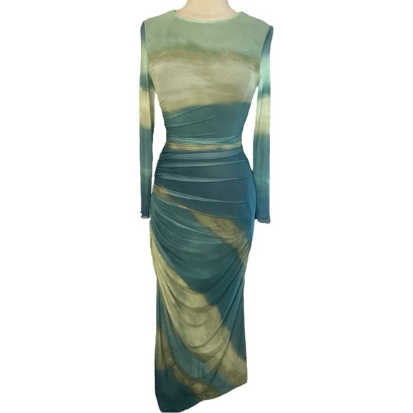 BOUTIQUE Tie-Dye Stretch Bodycon Maxi Dress Ruching Detail Long Sleeves, Small - Picture 1 of 9
